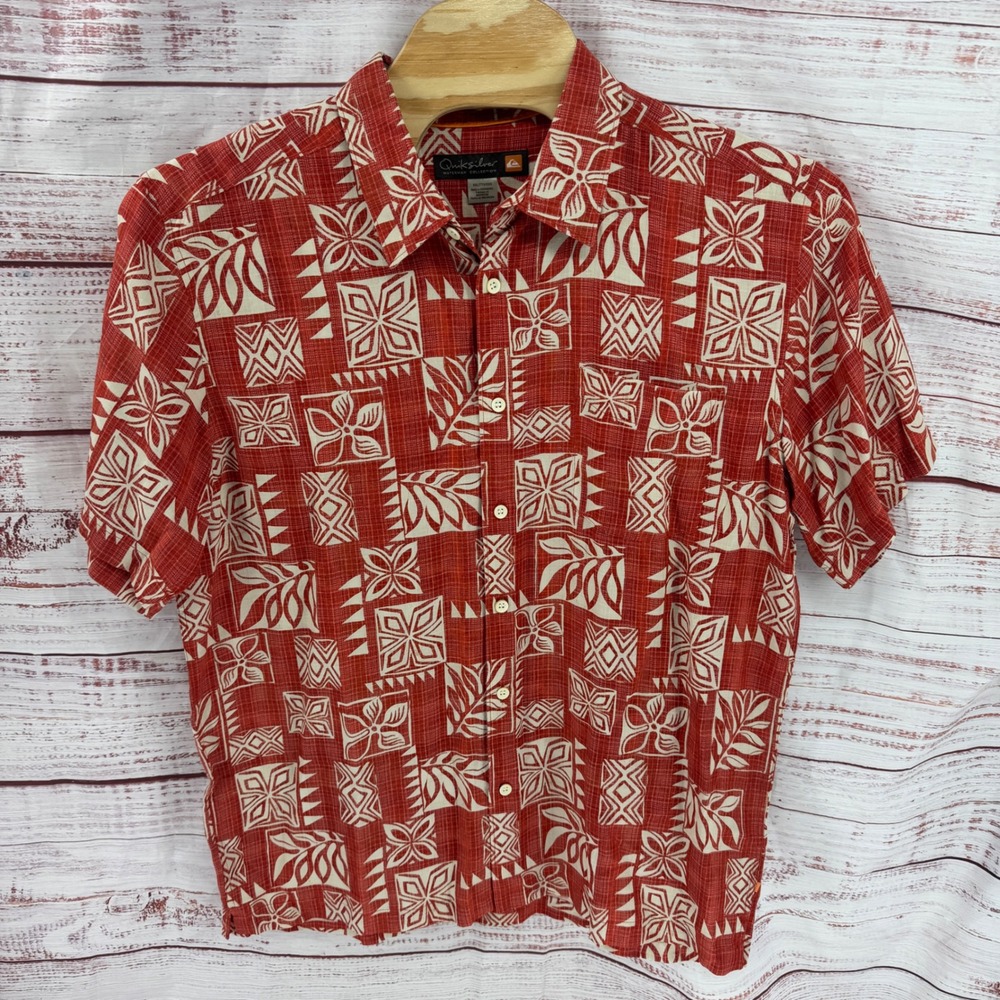 Quiksilver Waterman Shirt Mens 2XL Red Tribal Floral Hawaiian Vacation Casual